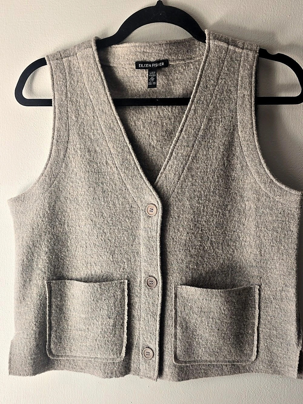Eileen Fisher Gray V-Neck Boiled Wool Vest